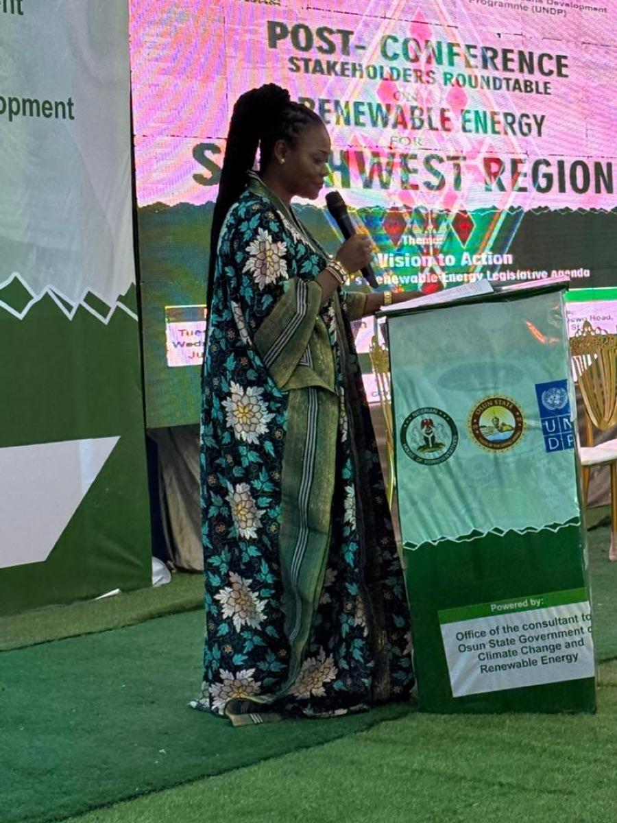 Prof. Chinwe Obuaku-Igwe delivering a keynote at the Post-Conference Stakeholders Roundtable on Renewable Energy for the Southwest Region, co-hosted by Osun State Government and UNDP Nigeria